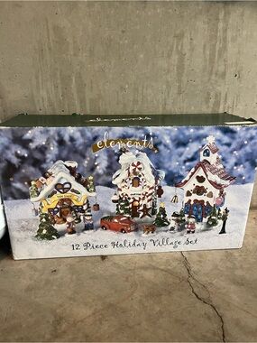 Elements 12 piece Holiday Ceramic Christmas Village Lighted Houses Set - Multi